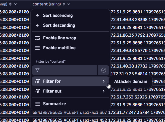 filter by evidence from the result table header