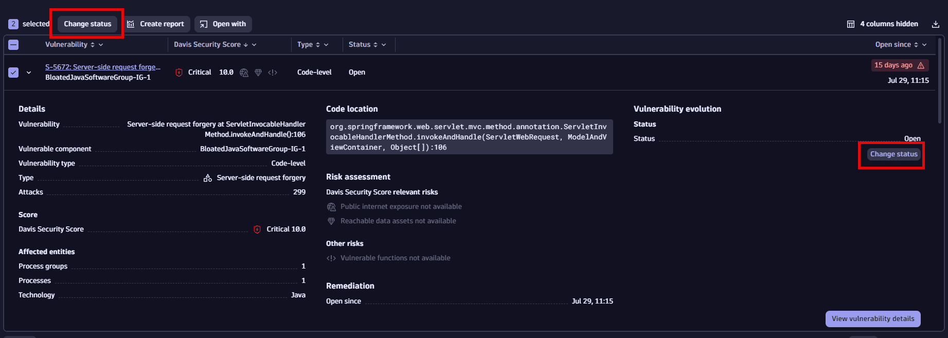 change status of individual vulnerabilities from the prioritization page