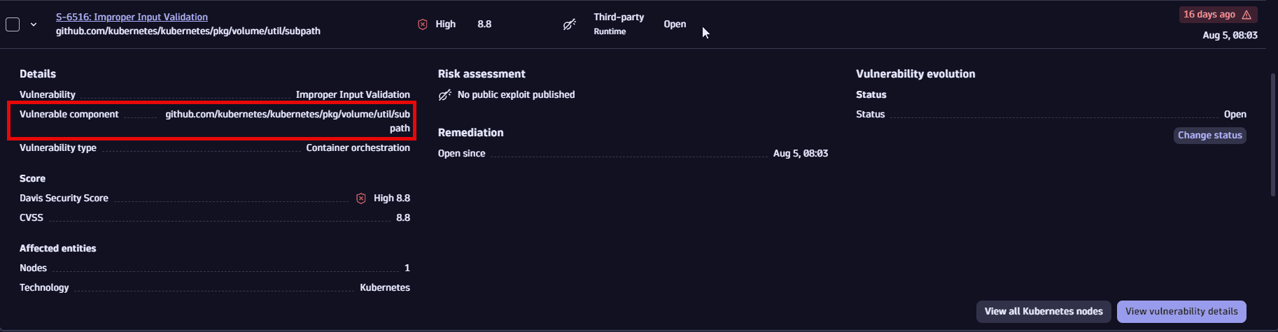 vulnerable component on expanding a row on the prioritization page