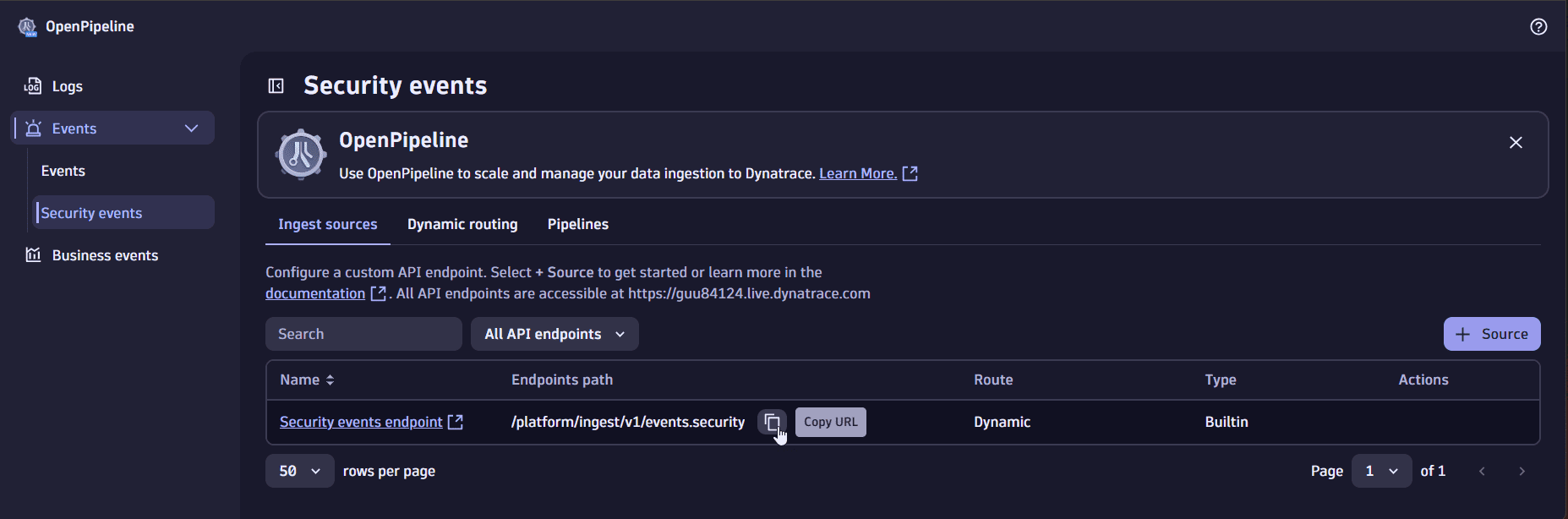 copy URL of builtin security events endpoint