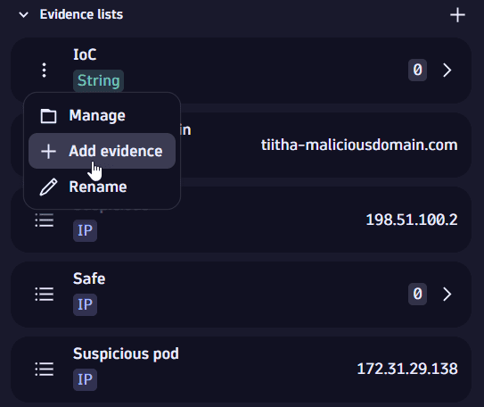 add evidence from the evidence list section