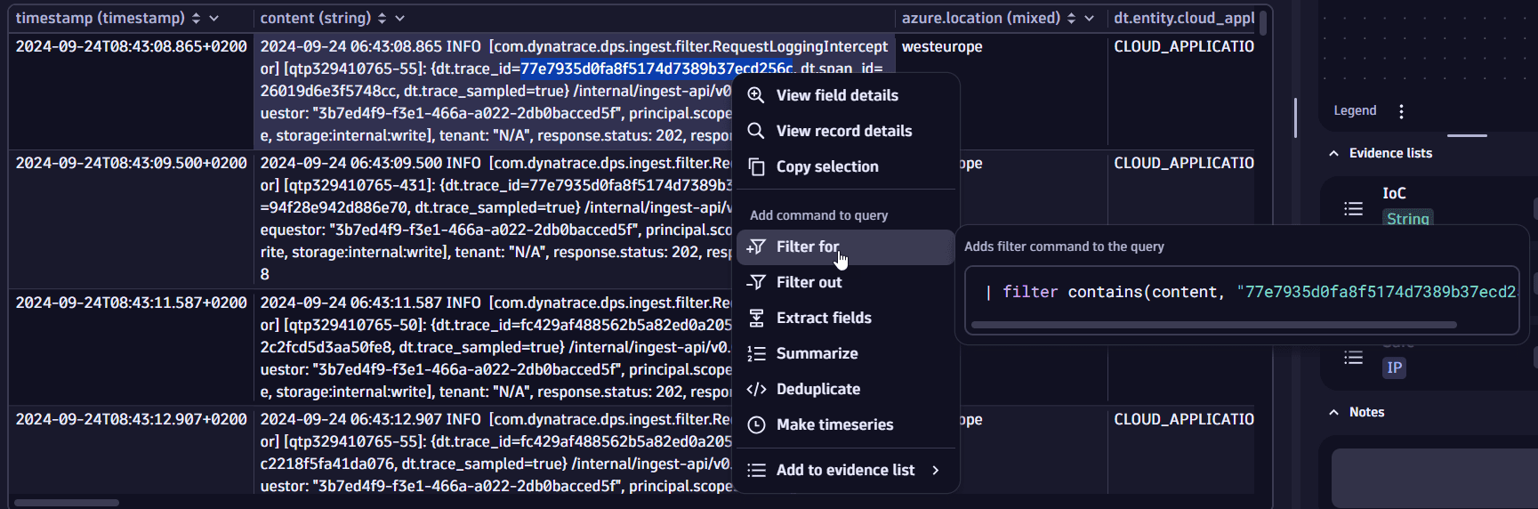 filter by trace id value