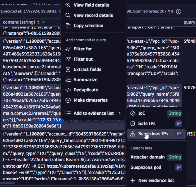 add an IP address to an IP evidence list from the content field