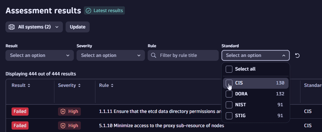 filter by standard in filter bar