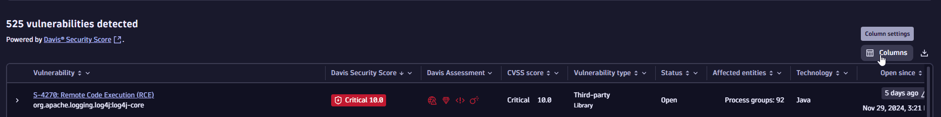 column settings