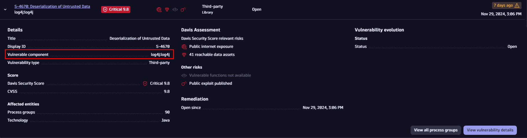 vulnerable component on expanding a row on the prioritization page