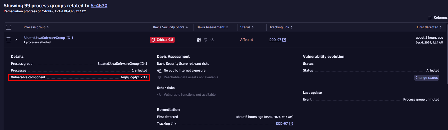 vulnerable component on expanding a row on the remediation page