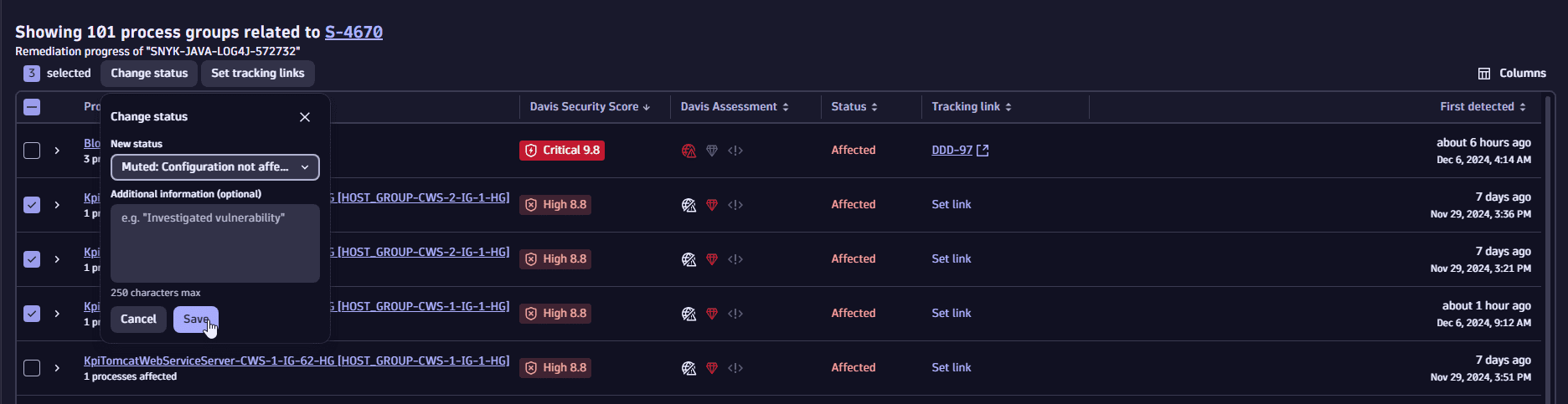 change vulnerability status for process groups in bulk