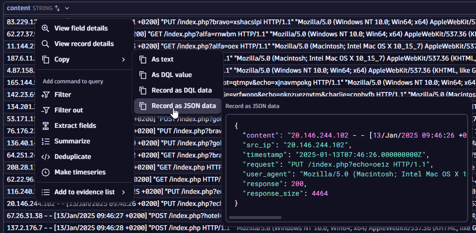 record as json data