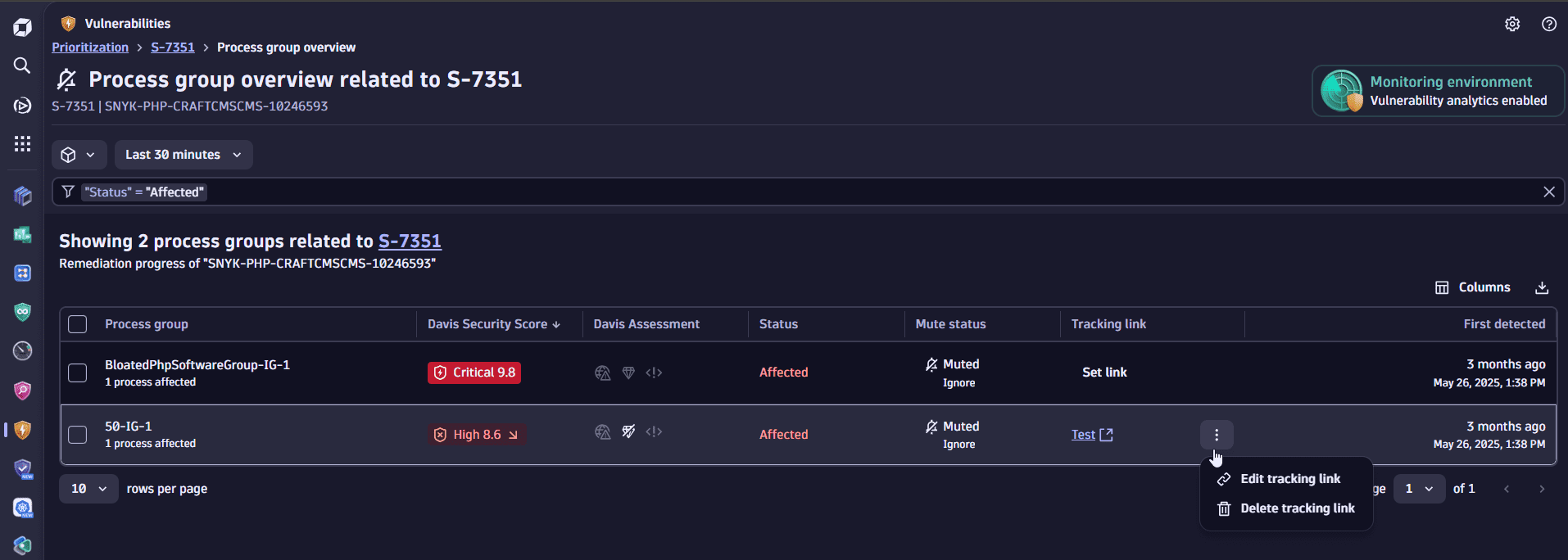 edit or delete tracking link individually