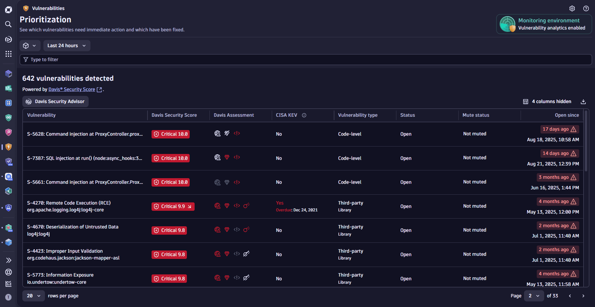 Vulnerability results table on the Prioritization page