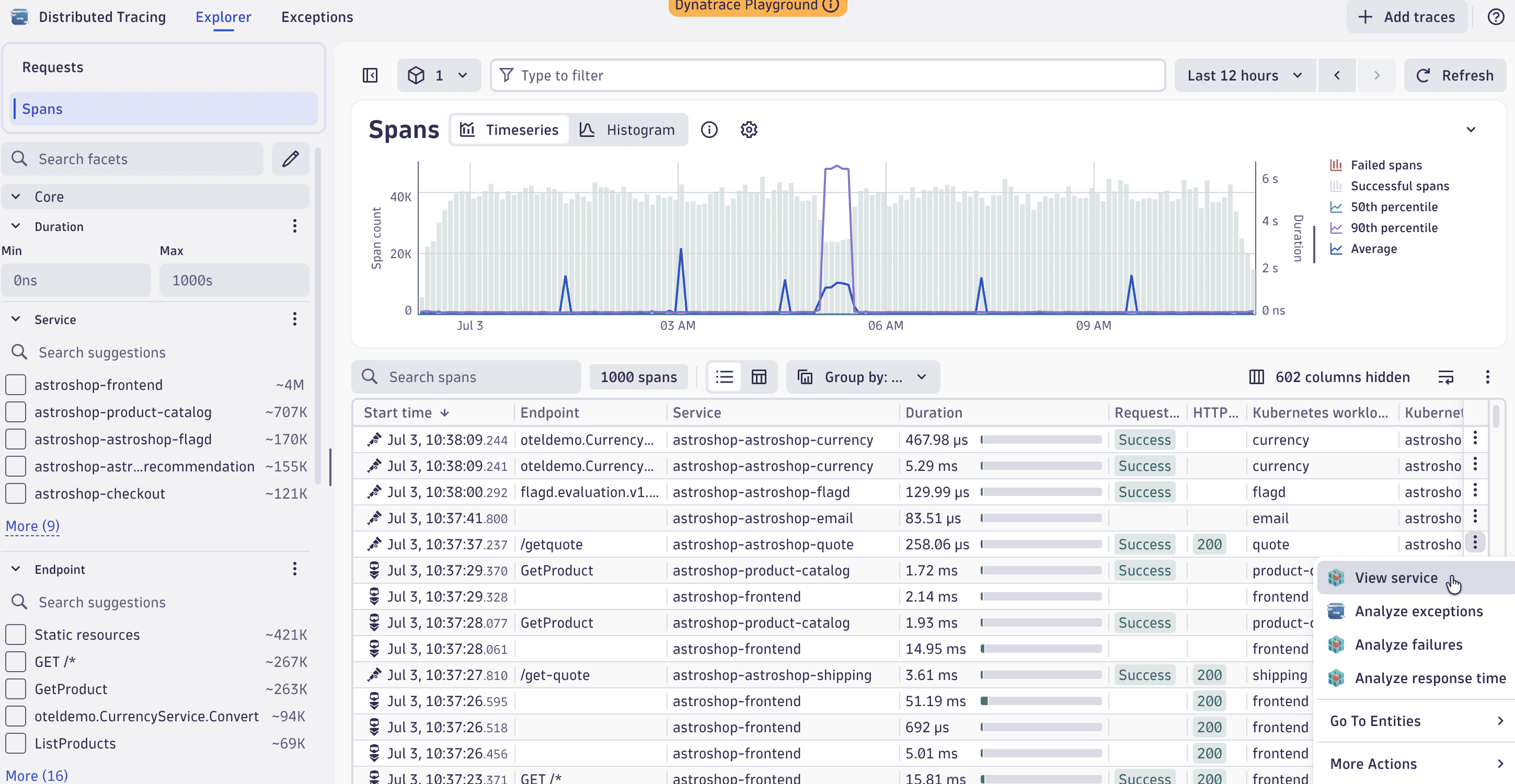 Distributed Tracing Explorer spans list with the drilldown actions context menu open.