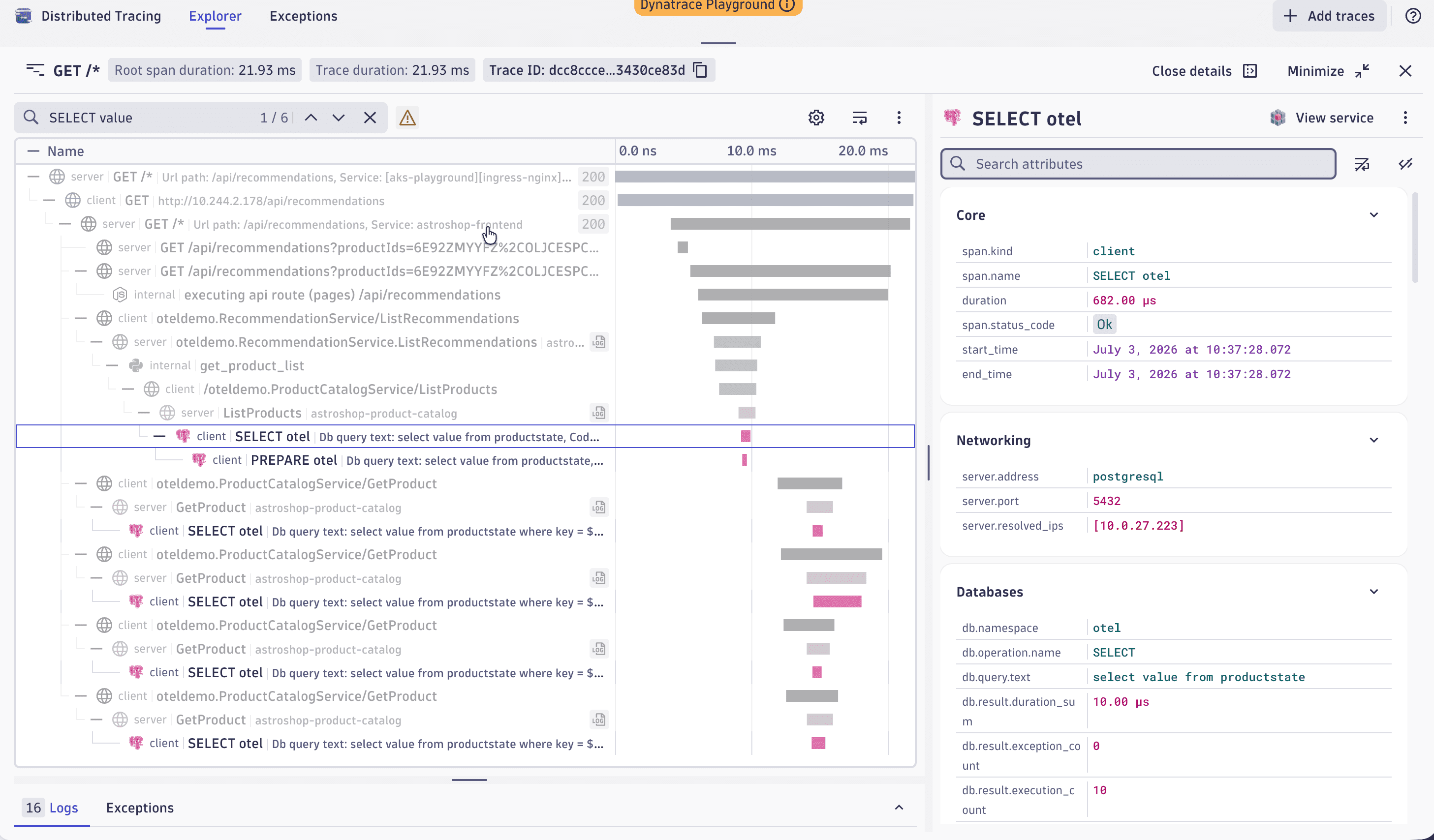 Trace view with span search results highlighted and span attributes shown in a side panel.