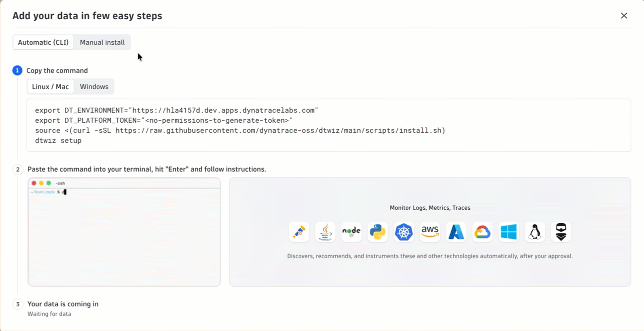New data onboarding wizard with dtwiz description and manual install options.