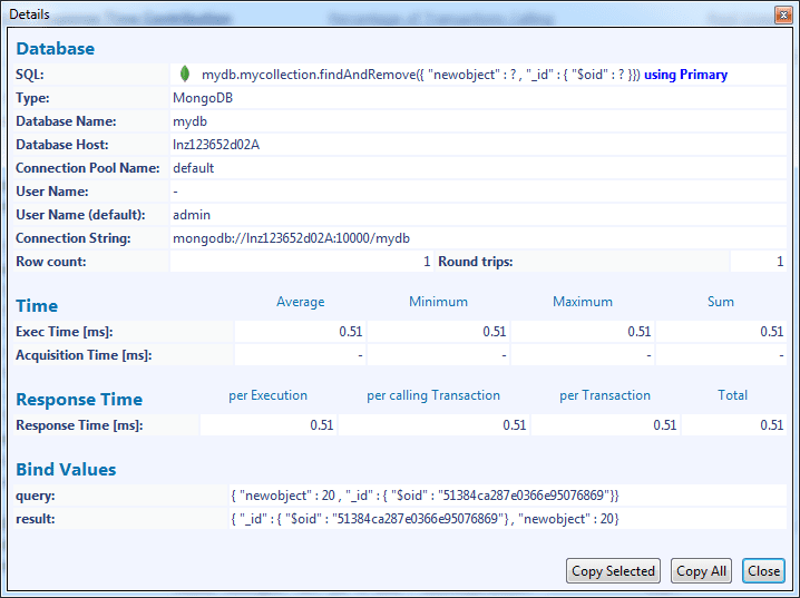Database details with bind values