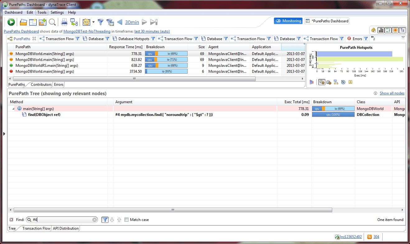 PurePath dashlet with find/call #4 filtered (no calls such as round trip)