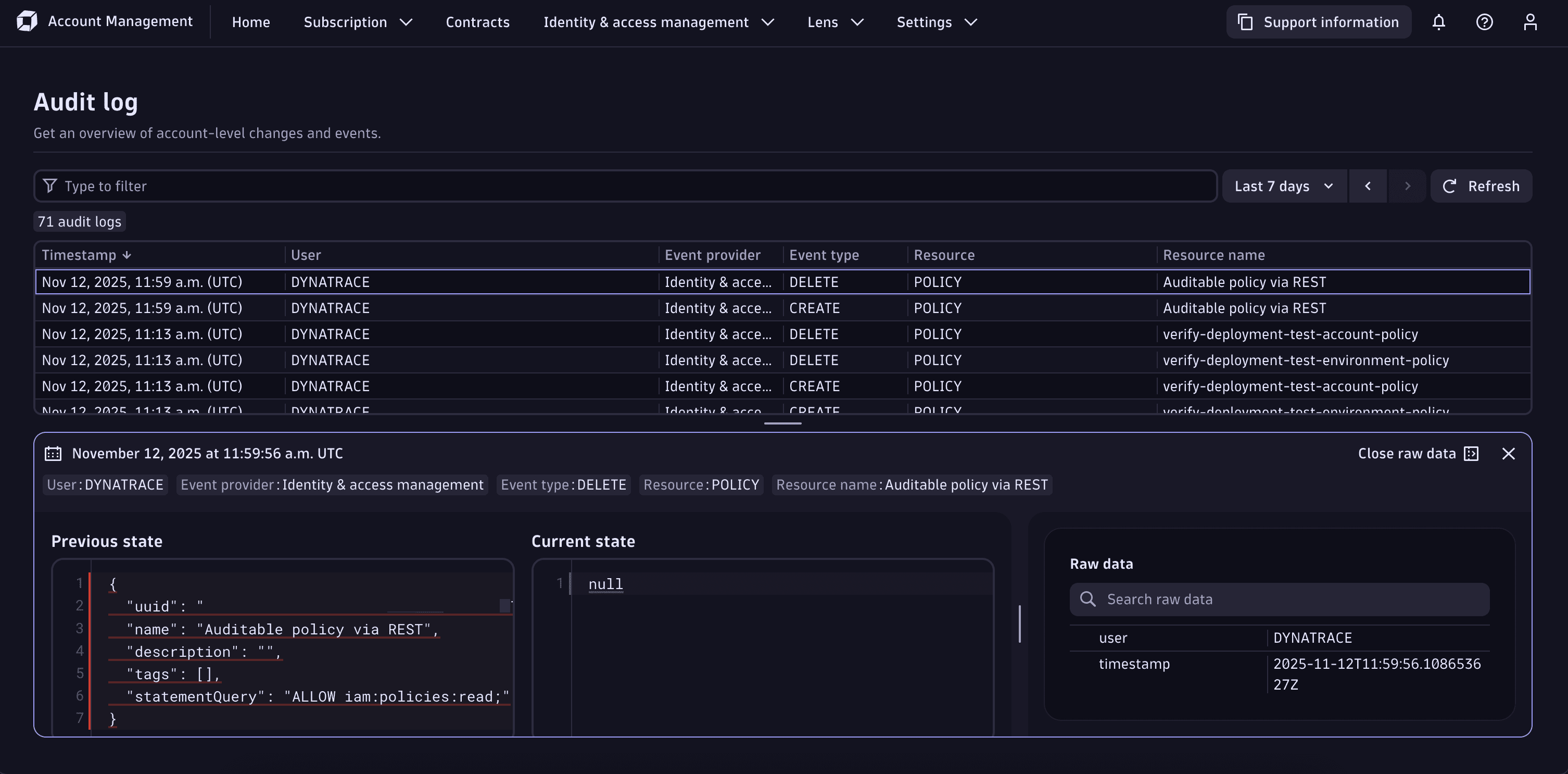 Account Management audit log screen