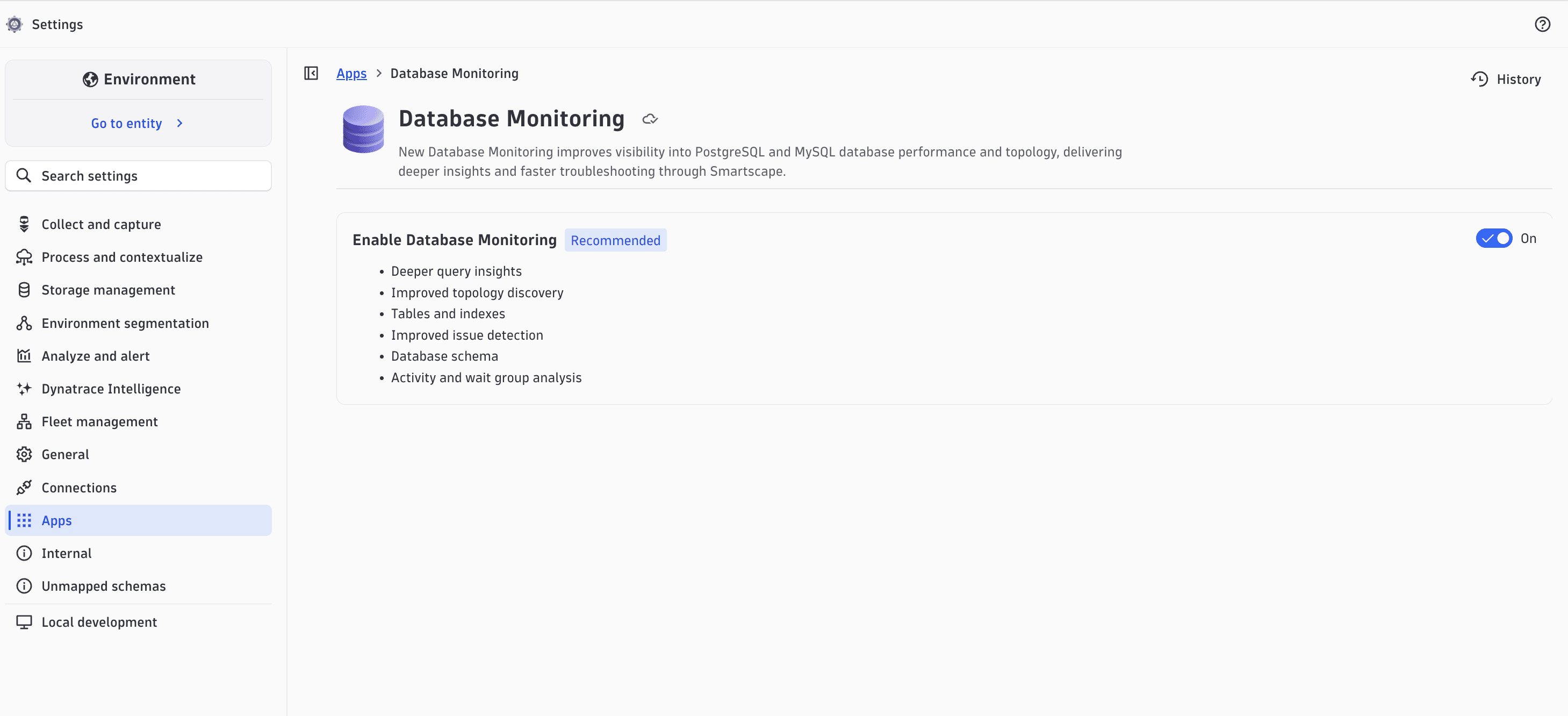 The Enable Database Monitoring toggle on the Settings Apps Database Monitoring page