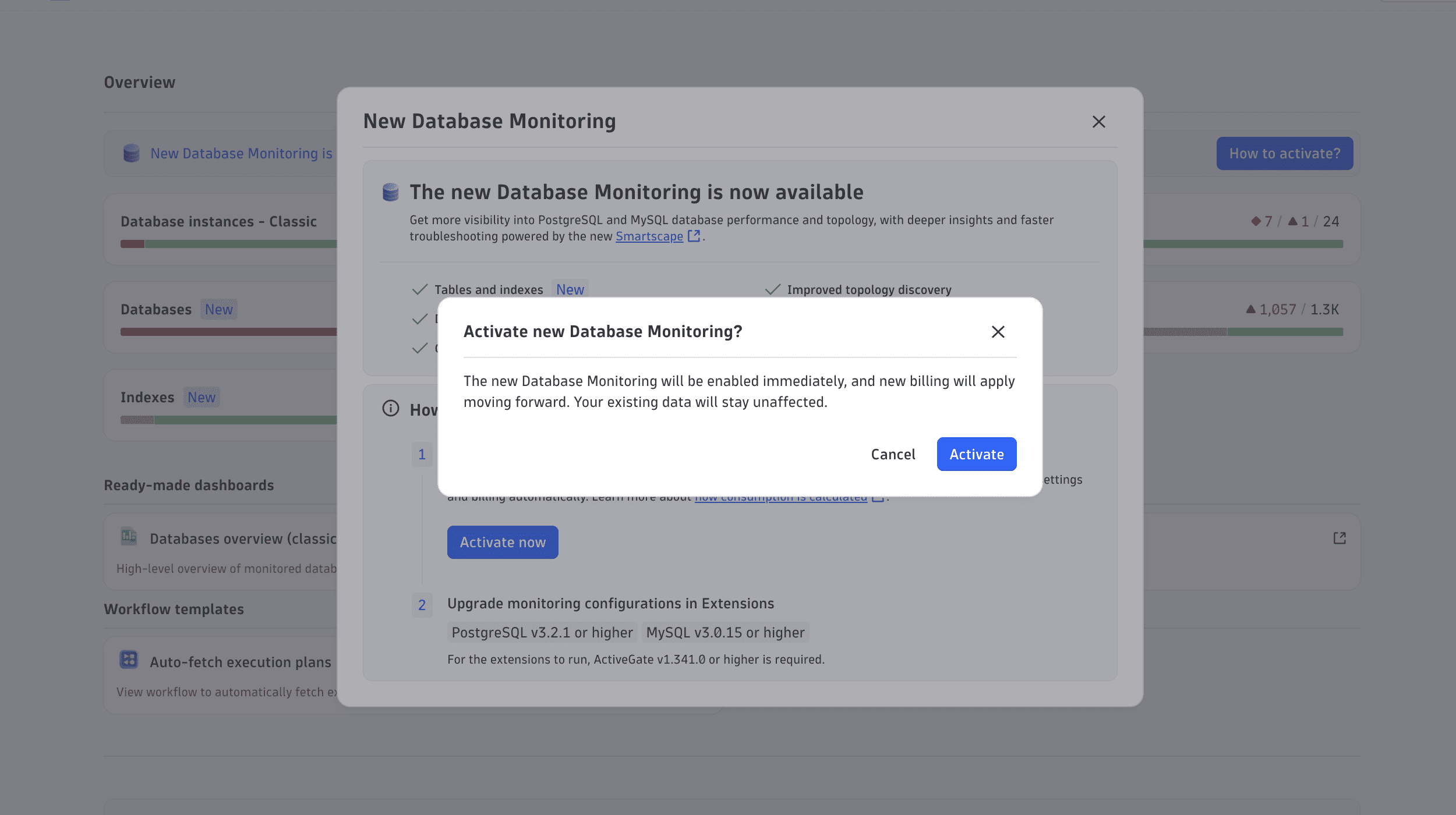 The Activate new Database Monitoring confirmation dialog