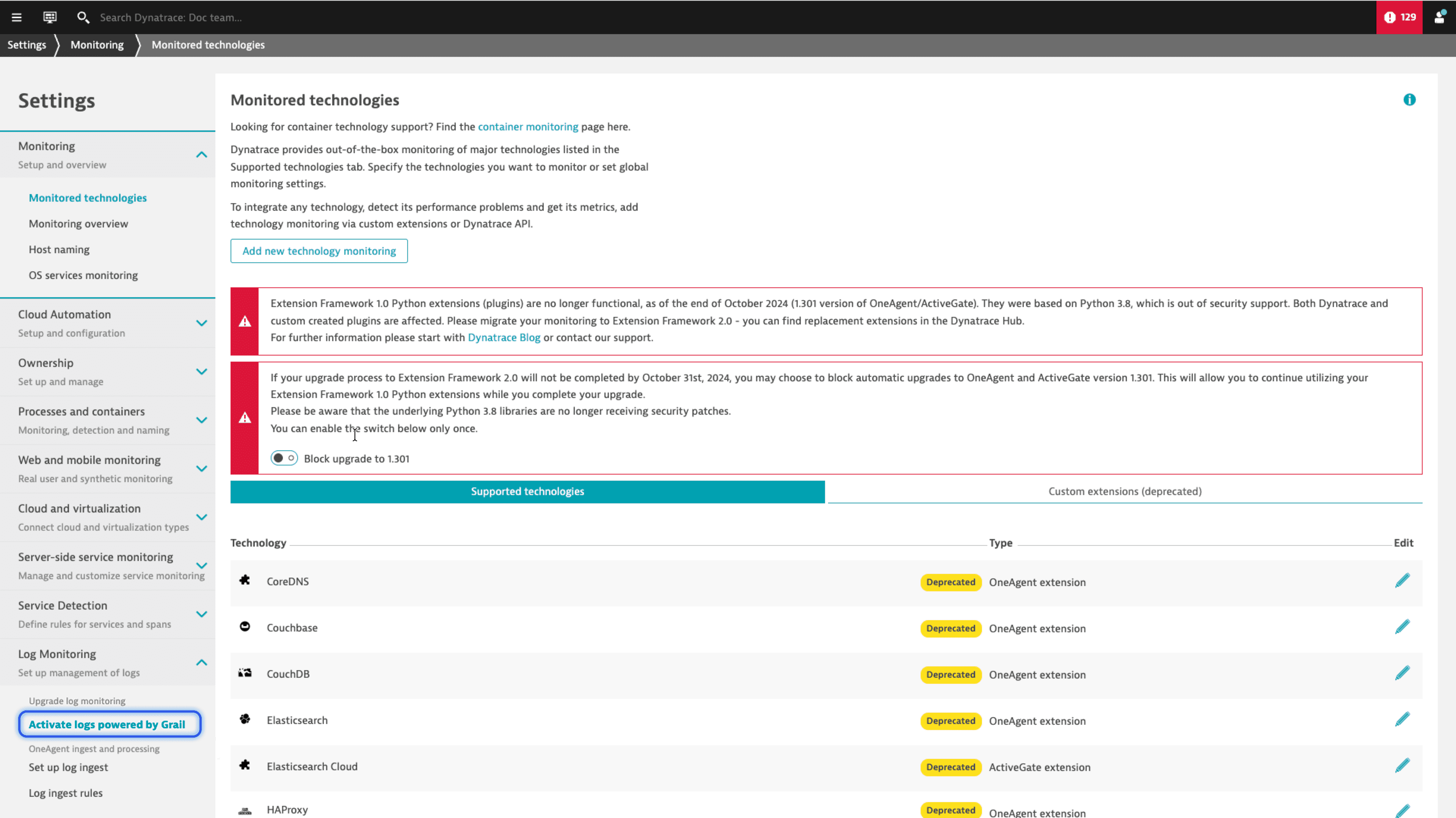 Activate logs powered by Grail settings menu