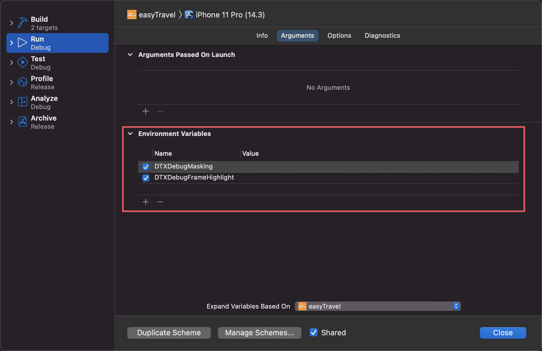 Add Session Replay screenshot debugger variables to your app scheme