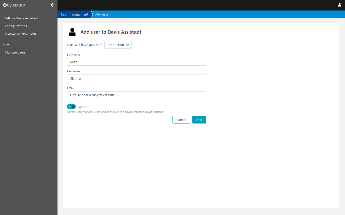 Add a user account to Davis Assistant