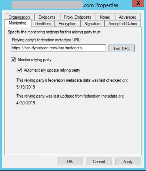 AD FS - Relying party's federation metadata URL