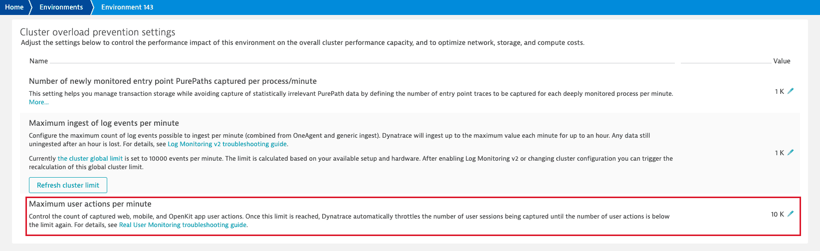 Adjusting user action limit in Cluster Management Console