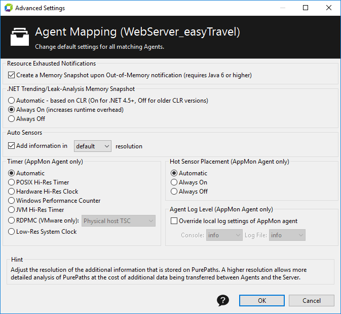 Agent Mapping - Advanced settings - AppMon 2018 AppMon 2018 April and later