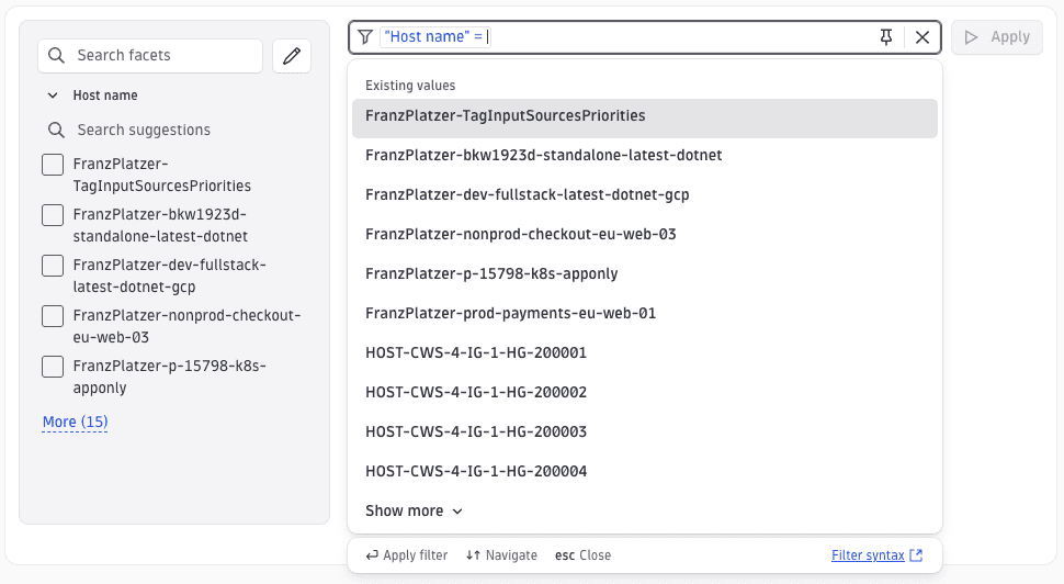 Filter bar showing multiple comparison operators enabled via the $(operation) placeholder