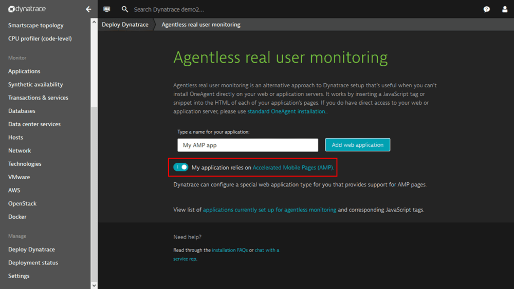 Set up agentless Real User Monitoring | Dynatrace Documentation