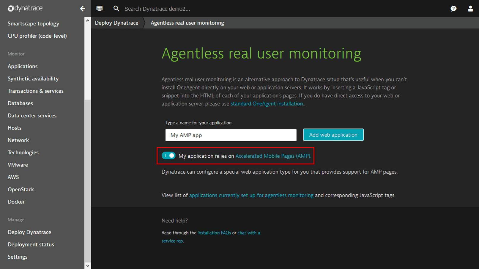 Set up AMP monitoring Dynatrace Docs