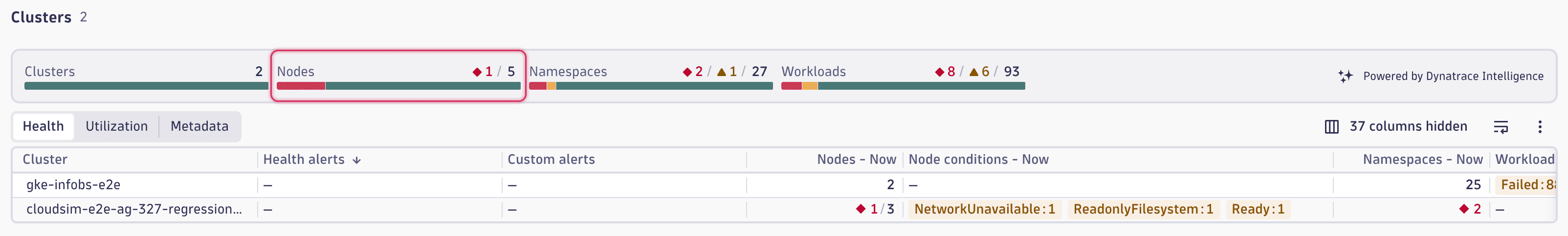 Drill-down view of unhealthy nodes in the Kubernetes app