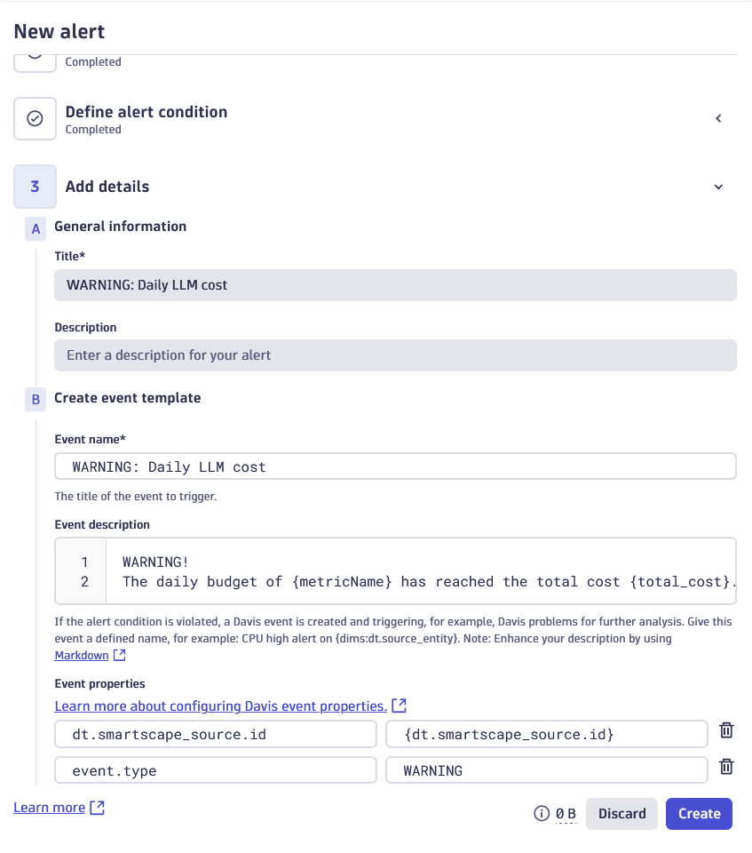 An example of a warning event configuration for LLM burn rate monitoring with a records-based alert