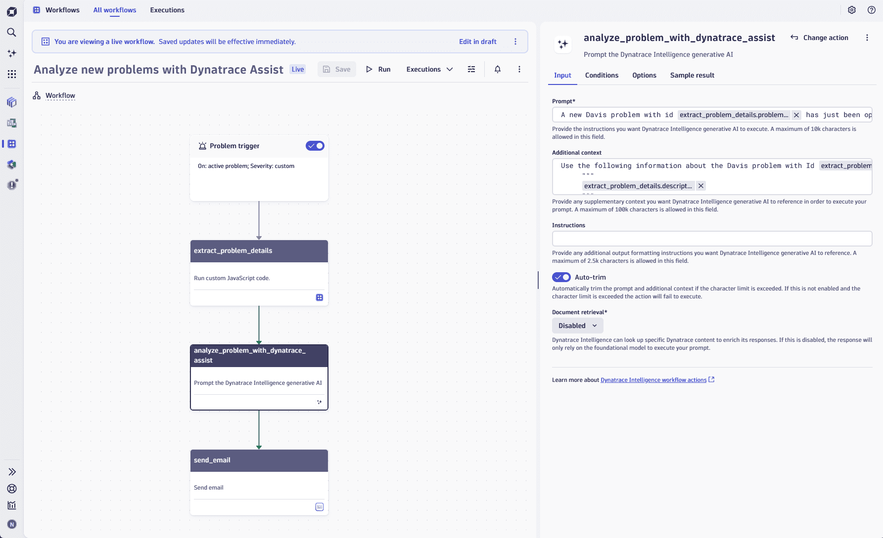 An example of setting a Dynatrace Intelligence action to summarize new problems.