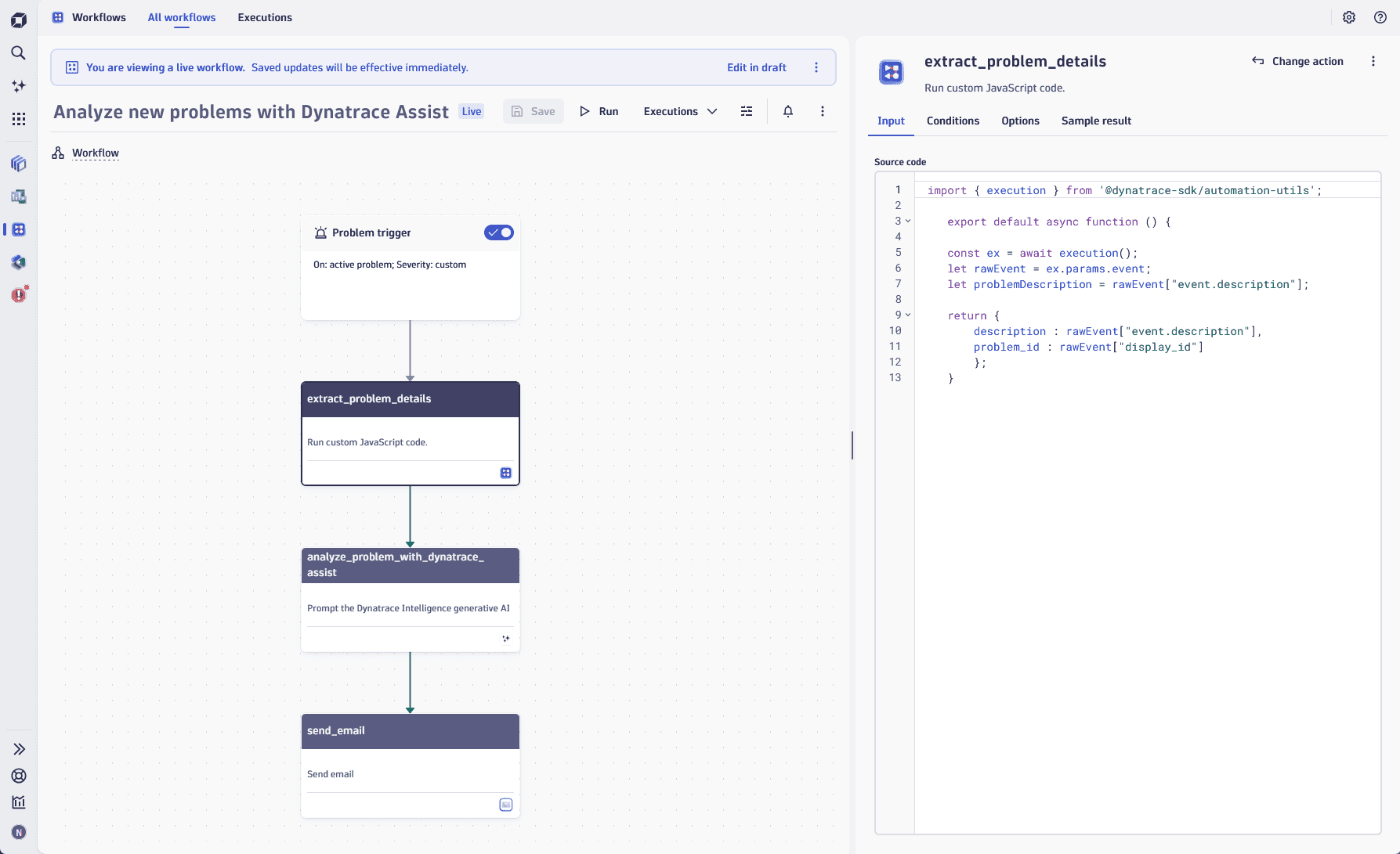 An example of setting a javascript action to extract problem details