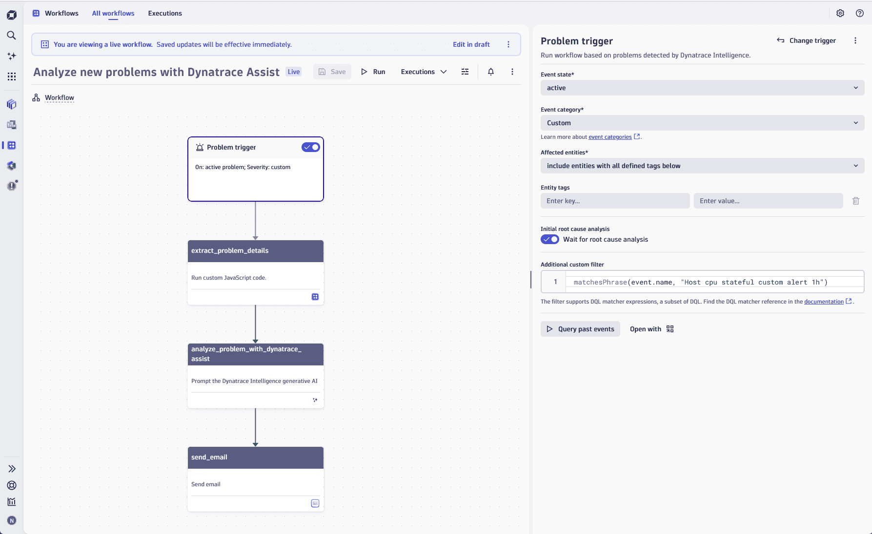 An example of setting a Problem trigger for new problems.