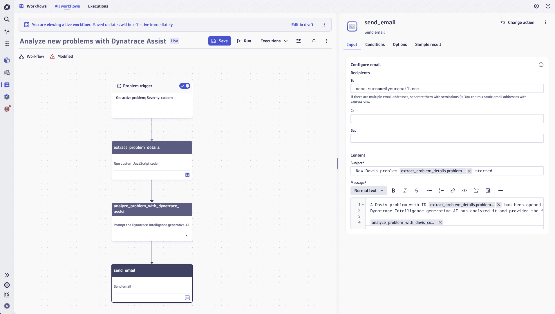 An example of configuring an email to send Dynatrace Intelligence generative AI results.