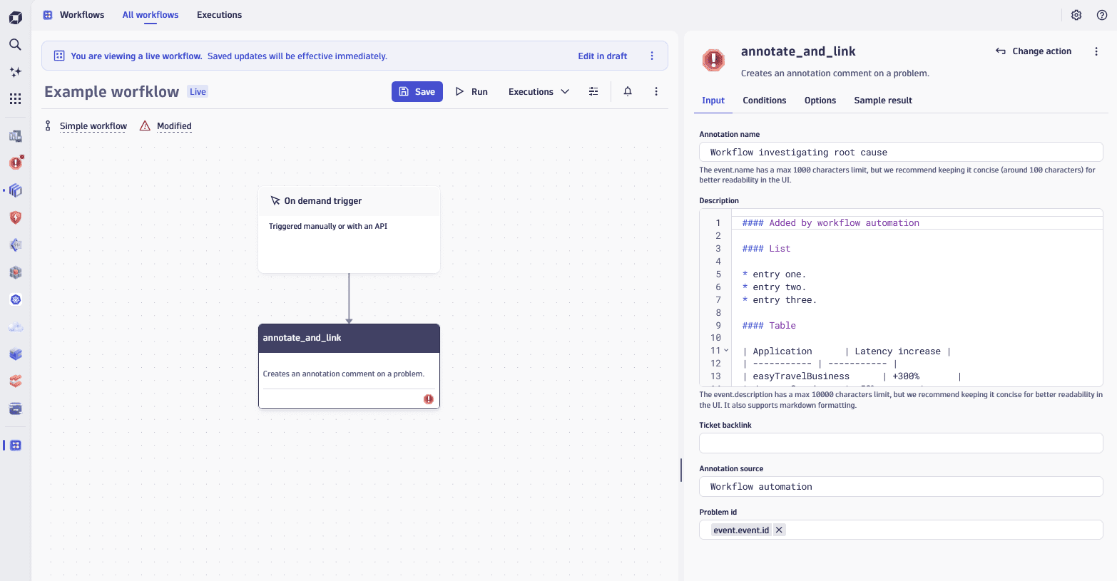 An example of Annotate and link workflow action