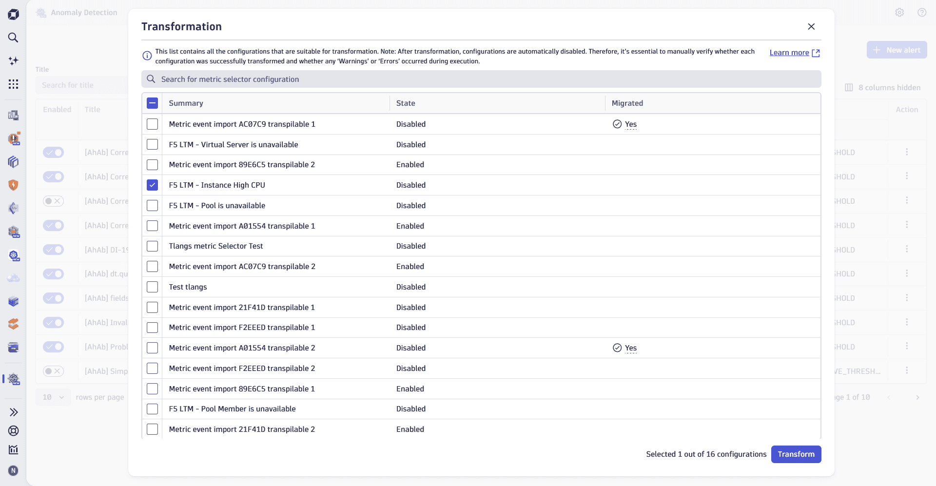 An example of a metric transformation pop-in in Anomaly Detection