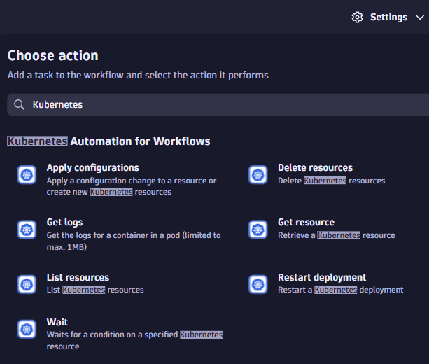 Find Kubernetes Automations for Workflows actions