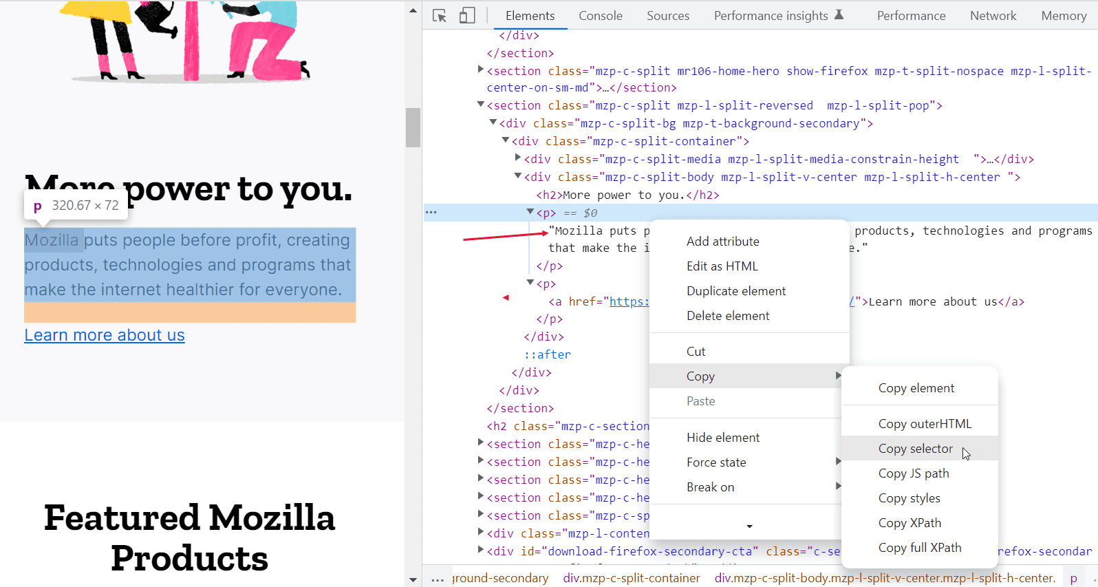 Inspect text in an element
