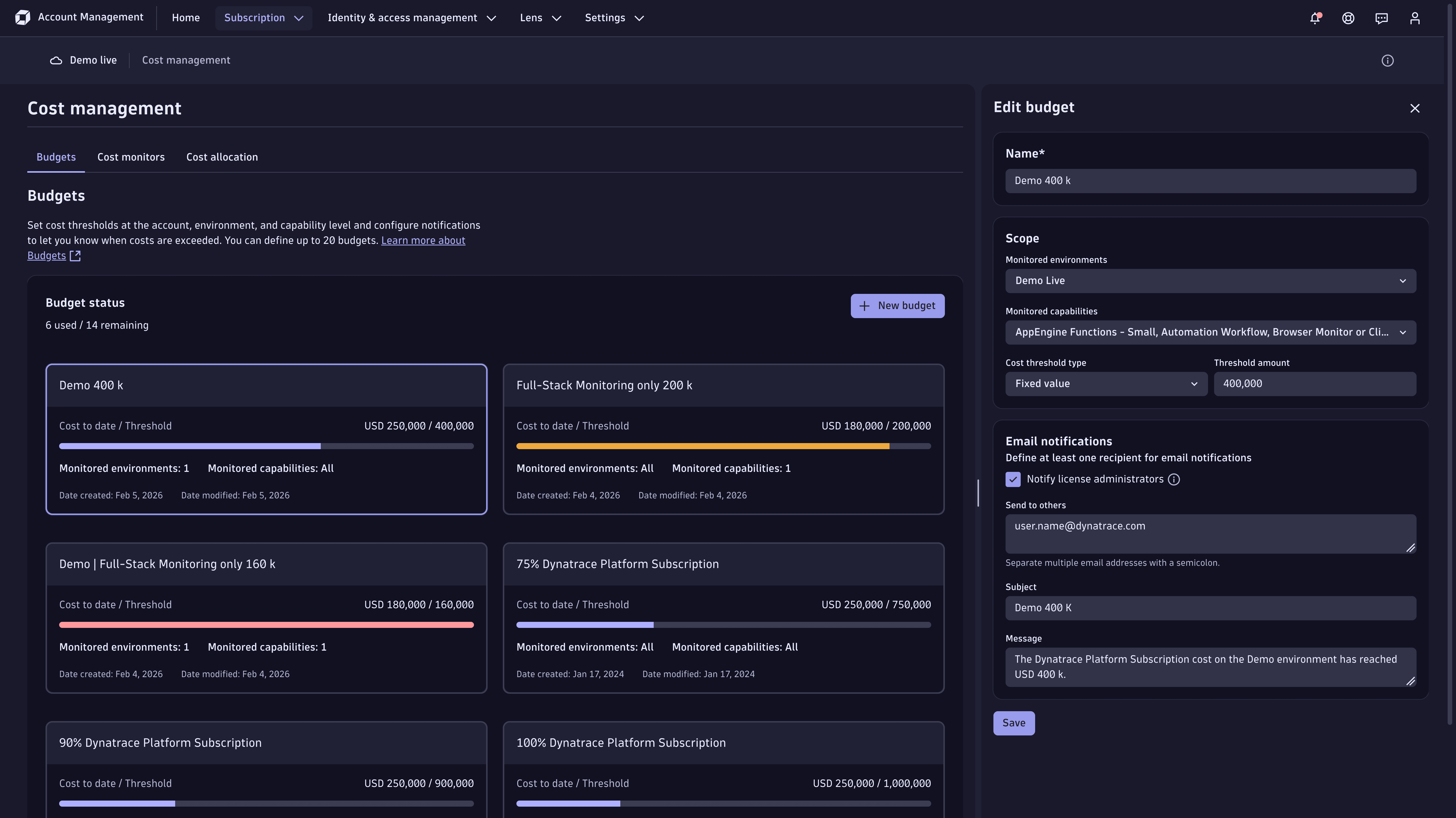 Edit budget alerts in Account Management