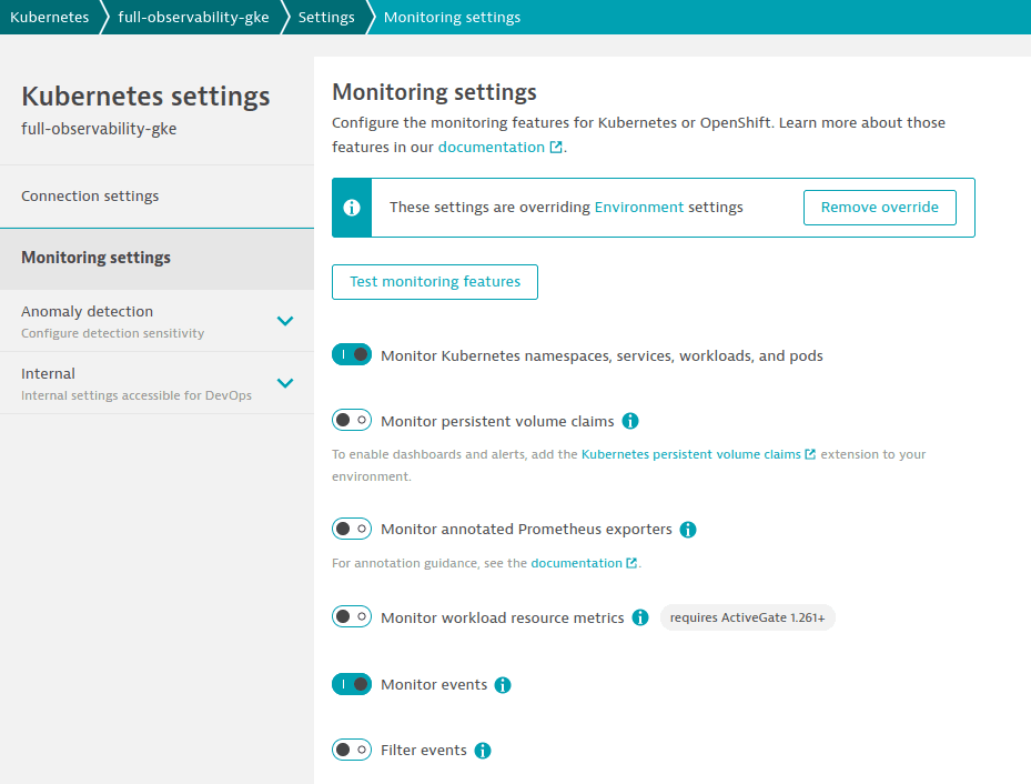 Kubernetes monitoring settings on cluster