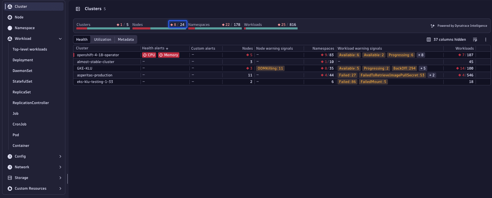 Clusters section in the Kubernetes app