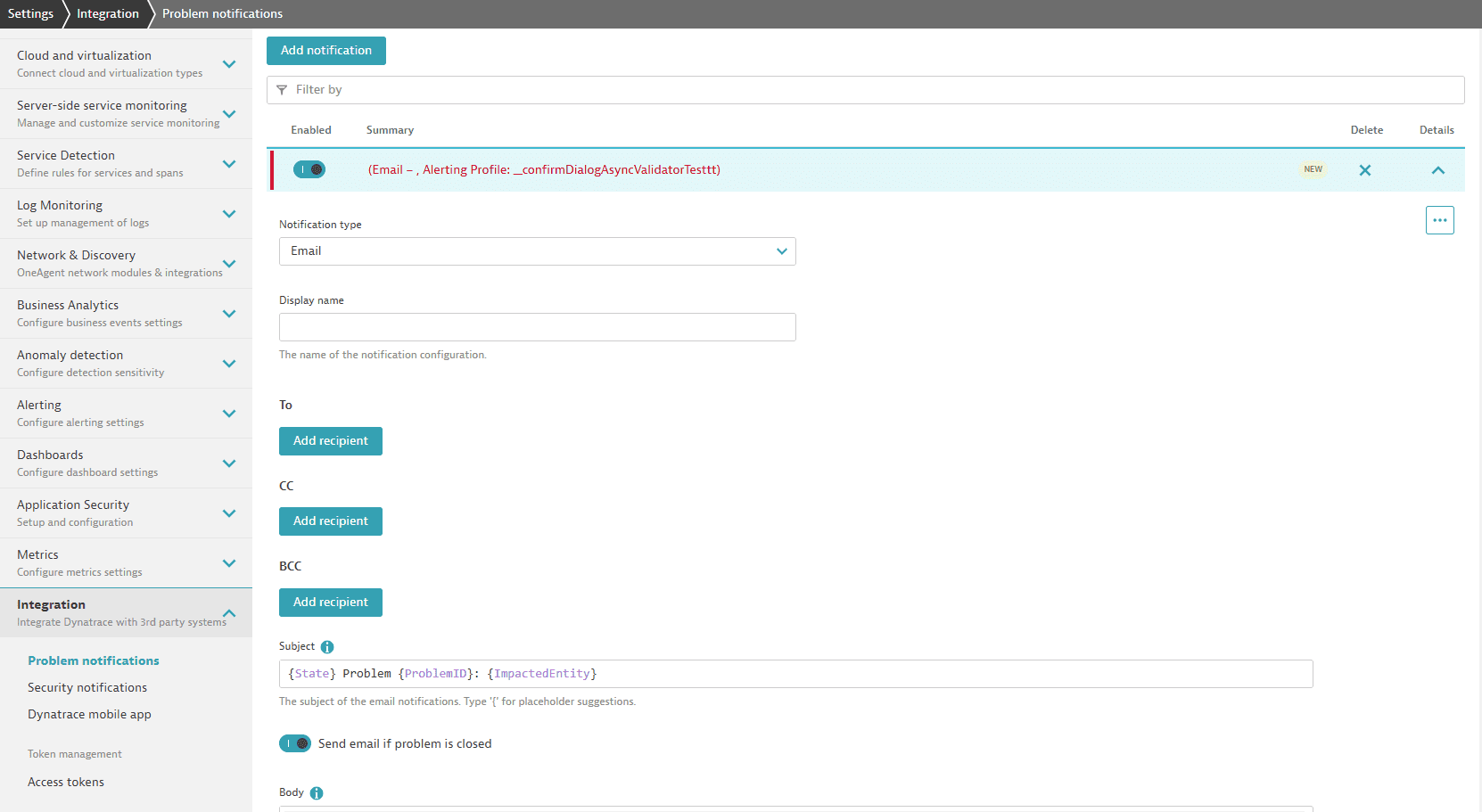 Example classic problem notification configuration: email