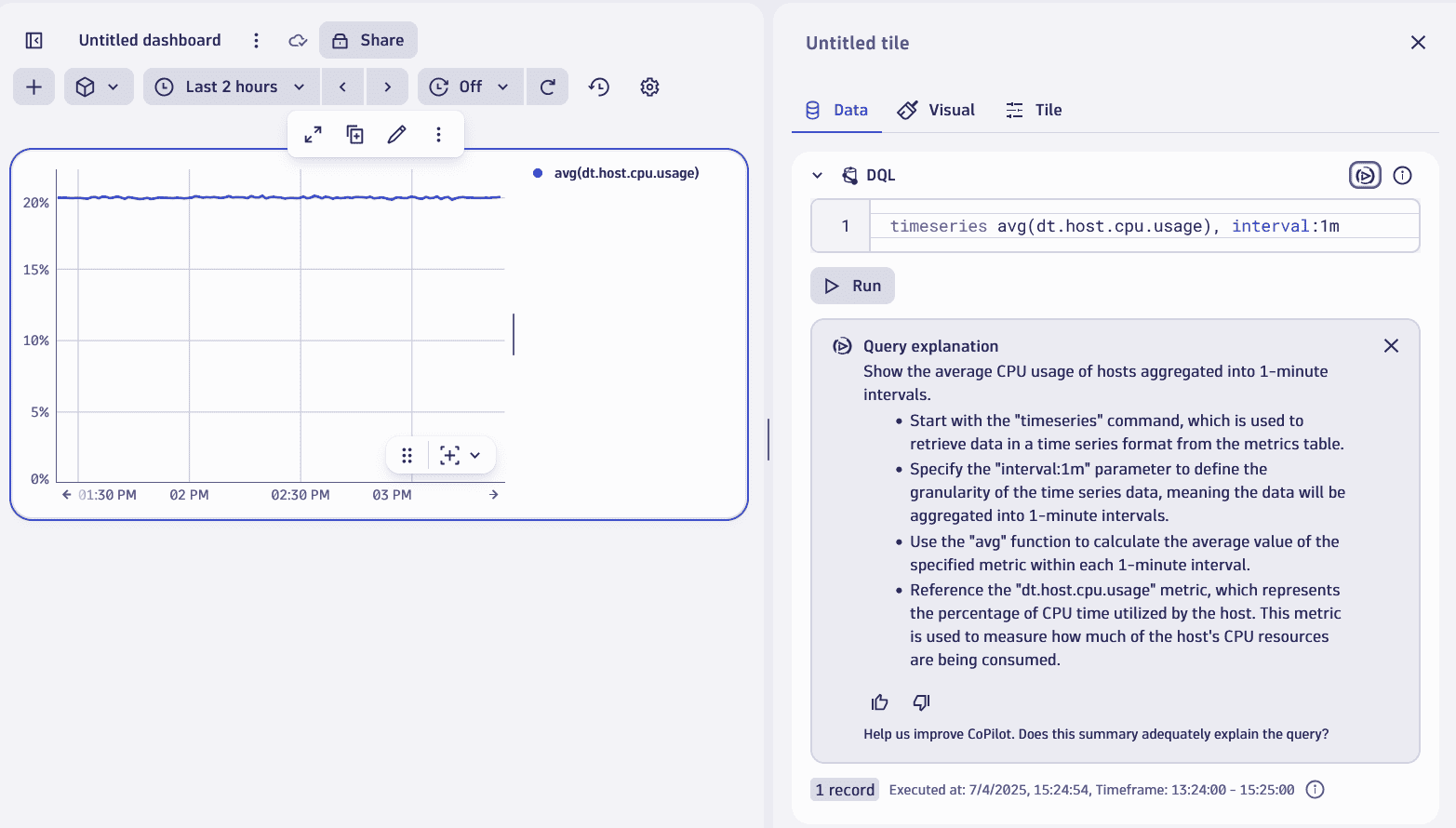 An example of Davis CoPilot-generated explanation and summary of the query in Dashboards
