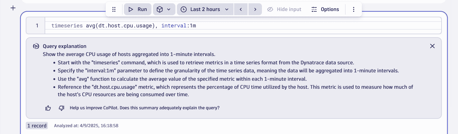 An example of Davis CoPilot-generated summary and explanation of the query