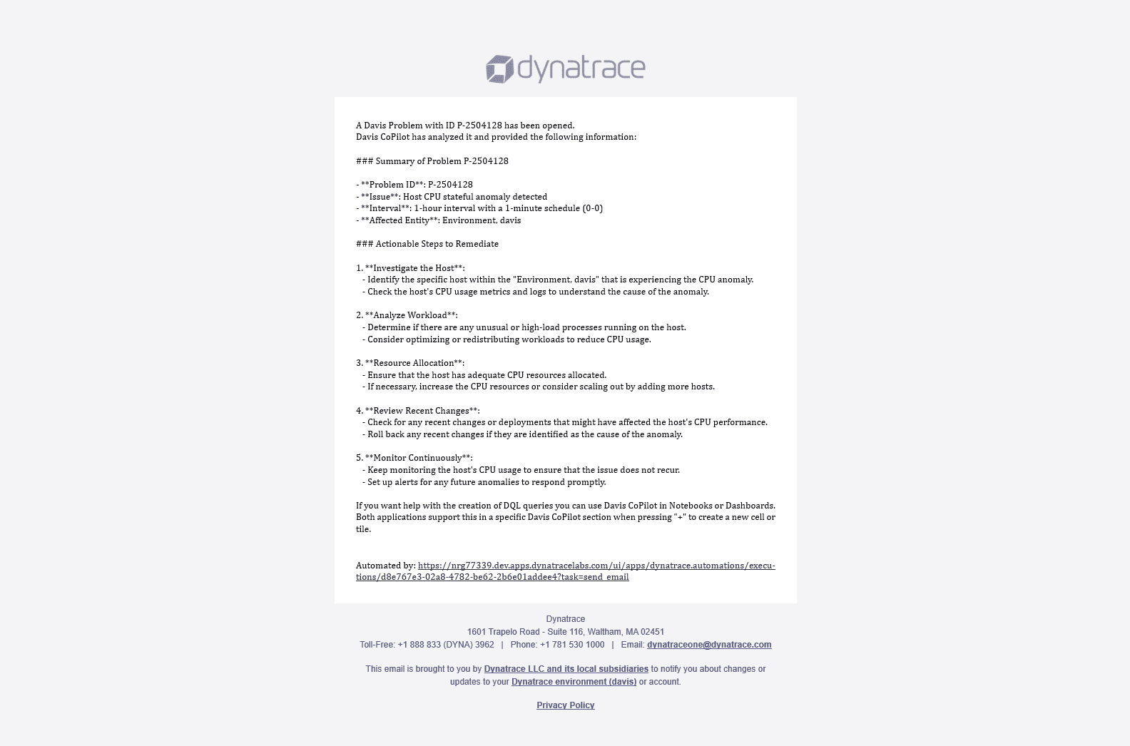 An example of an email from CoPilot in workflows use case