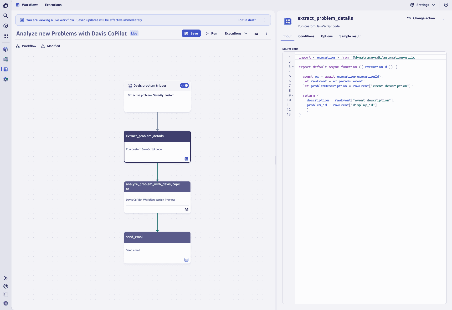 An example of setting a javascript action to extract problem details